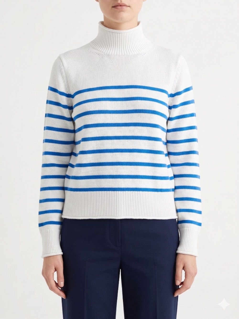 J. Crew Roll-Neck Sweater 100% Cotton Blue White Stripe Heritage Size Medium